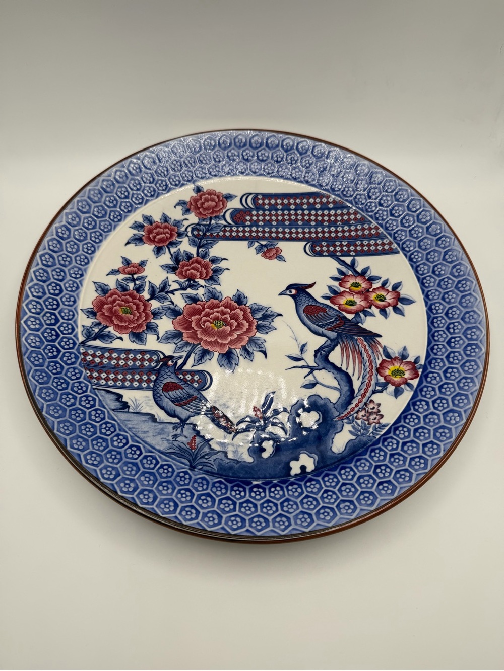 Blue and Pink Floral Bird Decorative Ceramic Platter - Approx 12.5”